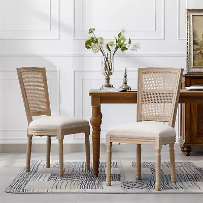 Dining Chair Set Of 2 Linen Fabric Kitchen Dining Chairs With Wood Legs Cream • $194.99