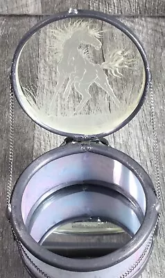 VTG Mirror Trinket Box Hinge Dome Lid Cut & Slag Glass Horse Design Signed Dated • $19