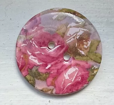 29mm Ceramic Button ~w/decal ROSES~Made In England~PINK~lavender~1-1/8 ~B5 • $5.95