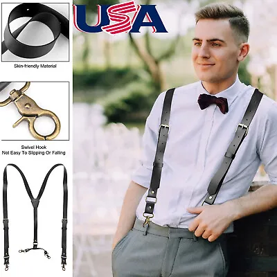 American Y Shape Vintage Leather Straps Carrying Strap Suspender Belt 4 Hooks US • $15.99