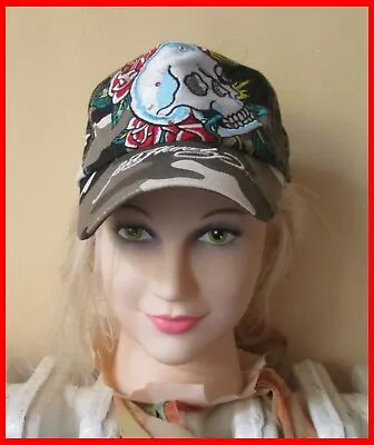 Red Rose And Skull Ed Hardy Cap  Hat Vintage Tattoo Wear Used Adjustable • $23.16