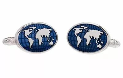 Onyx Art CK114 World Map Cufflinks -Silver Oval Shirt Cufflinks With Continents  • £13.99