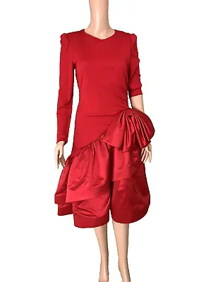 Vtg 80s Designer Morton Myles Bow Asymmetric Red Dress Size 6 Long Sleeve • $149
