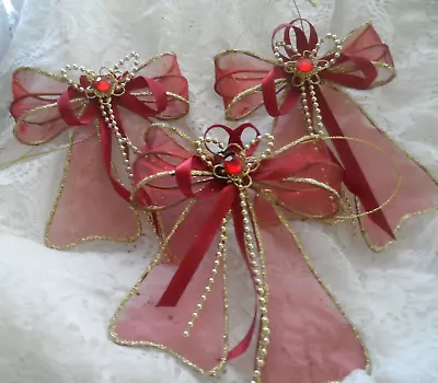 Christmas Ornament Lot - 3 LARGE  RED STYLE VICTORIAN WIRE & FABRIC BOWS -5-1/2  • $9.99