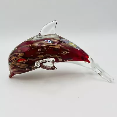 Hand Blown Murano Glass Dolphin Figurine Red Gold Blue Millefiori • $29.99