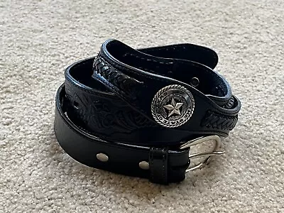The State Of Texas Silver Western Concho Belt 34 Black Tooled Braided Leather • $14.99