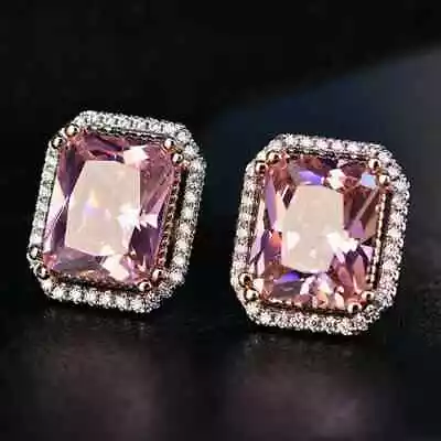 3Ct Emerald Cut Lab Created Pink Sapphire Stud Earrings 14K White Gold Plated • $85.14