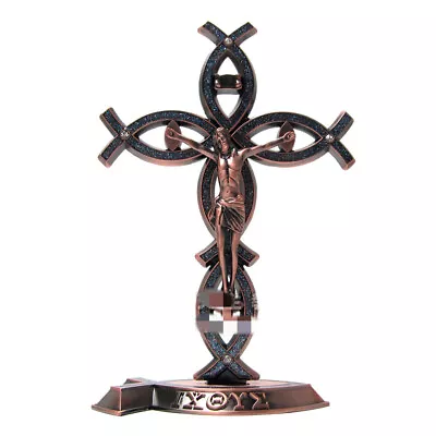 Church Vintage Alloy Fishes Crucifix Jesus Christ Cross Statue Stand For Home • $28.99