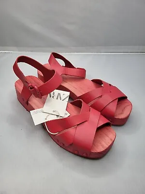 Zara Wooden Heeled Real Leather Sandals Buckle Pink Clog 38 Platform Usa 5.5 • $42.83