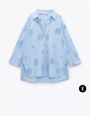 Zara Women Medium Blue 100% Cotton Openwork Embroidery Shirt Blouse • £10