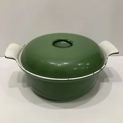 Vintage Descoware Enamel Dutch Oven Green & White 8” • $35