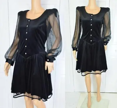 VTG 80s Jodi Michaels Sheer Black Velvet Sweetheart Full Skirt Cocktail Dress M • $39.99