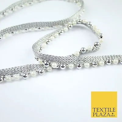 Silver Chrome / White Pearl Beaded Ribbon Trim Border Lace - 1.5cm Wide - X586 • £3.50