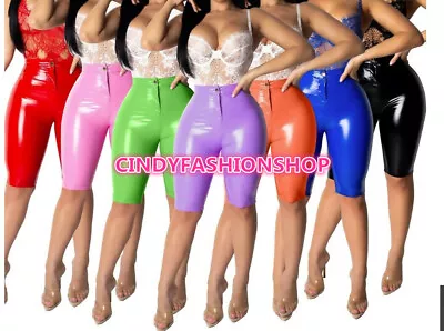 USA  Women High Waist Bright Vinyl Leather Bodycon Casual Knee Pants Active Wear • $19.88