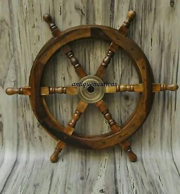 £49.99 • Buy 18 Nautical Wooden Ship Steering Wheel Pirate Decor Wood Brass Fishing Wall Boat