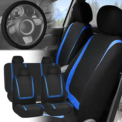 $34.99 • Buy Blue Black Seat Covers With Leather Steering Wheel Cover For Auto Car SUV