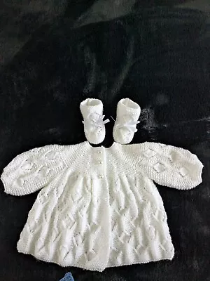 Hand Knit Brand New White Matinee Jacket And Bootees Newborn • £7