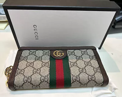 Gucci Ophidia GG Supreme Zip Around Brown Canvas Wallet 523154 • $625