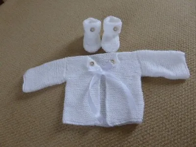 HAND KNITTED BABY MATINEE JACKET WITH BOOTEES. WHITE. New Born 16 Inch Chest. • £3