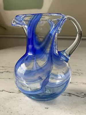 Vintage Hand Blown Murano Cobalt  Blue SWIRL PITCHER ~ APPLIED HANDLE • $19