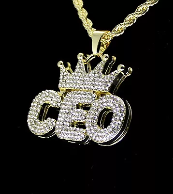 Mens Iced Cz CEO Pendant 14k Gold Or Silver Plated 24  Necklace Hip Hop Jewelry • $9.99