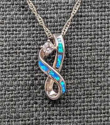 Vtg Sterling Silver Blue Fire Opal Cubic Zirconia Ribbon Pendant 18-20  Necklace • $42.49