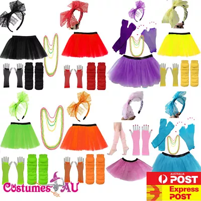 Ladies 80s Tutu Skirt Fishnet Gloves Leg Warmers Necklace 1980s Dancing Costume • $23.74