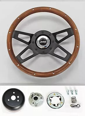 1976-1995 Jeep CJ5 CJ7 YJ Wrangler 13 1/2  4 Spoke Wood On Black Steering Wheel • $187.95