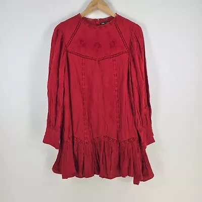 Zara Womens Dress Size M Aus 10 Red Smocked Shift Long Sleeve Cotton 080344 • $29.95