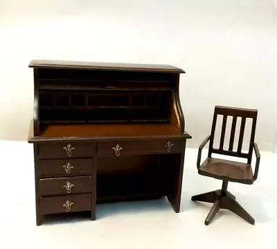 Dollhouse Miniature Vintage  Wood Roll Top Desk & Swivel Chair Set 1:12 Scale • $25.95