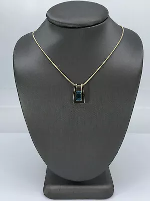 9ct Yellow Gold & Oblong Blue Topaz Pendant On 16” Snake Chain • £199