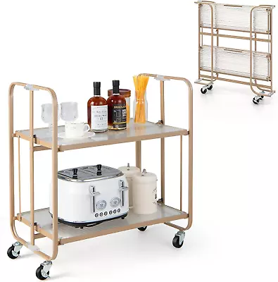 2-Tier Foldable Bar Cart On Wheels Mobile Home Bar & Serving Cart With Tempered • $85.99