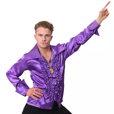 Mens Purple 1970's Disco Ruffle Shirts Adults Fancy Dress Costume 70s Frilly Top • £9.99