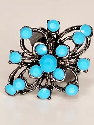 Vintage Ring Adjustable Size Band Boho Flower Design Blue • $14.99