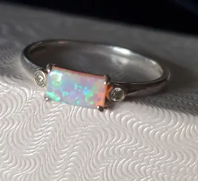 Avon Sterling Silver 925 Opal Simulant & Rhinestone Accent Ring Size 8 • $23.99