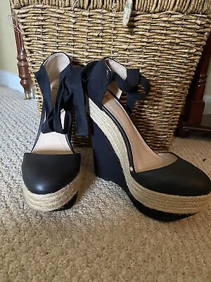 Women’s ZARA Basic Collection Black Jute Sandals Wedges W/Ankle Strap Size 7 • $64.25