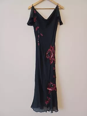 Warehouse 100% Silk Floral Embellished Sleeveless Midi Dress  - Black - UK 12 • £14.99