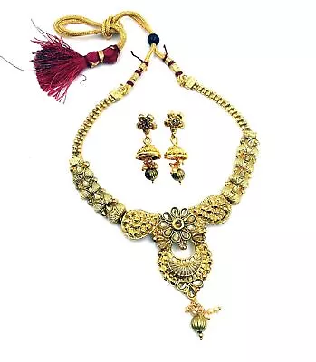 Bollywood Indian Matte Gold Plated Long Temple Necklace Bridal Jewelry Set • $17.62