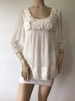 ECI NY Ivory Babydoll Boho Tiers Lined Rosettes 3/4 Sleeve Blouse/Top (Size 10) • $14.95