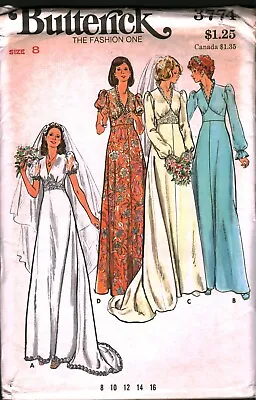 3774 Vintage Butterick Sewing Pattern 1970s Wedding Gown Bridal Dress UNCUT 8 • $9.99