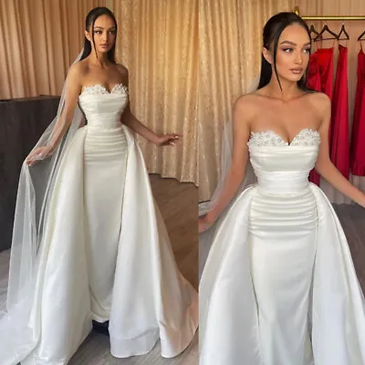 Vintage A Line Wedding Dresses Pearls Sweetheart Satin Wedding Dress Overskirts • $138.71