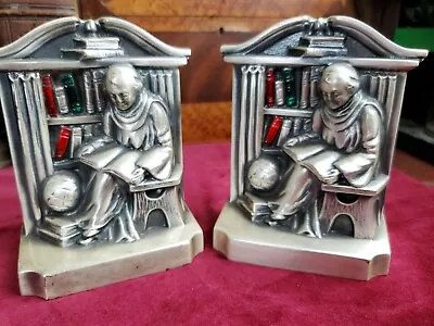 Vintage White Metal Bookends Friar Priest Enamel Books  • $18.80