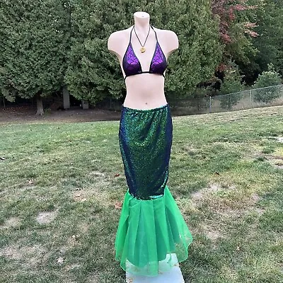 Mermaid Tail Costume Women's Medium Halloween Sequin Skirt Bikini Top Necklace • $35