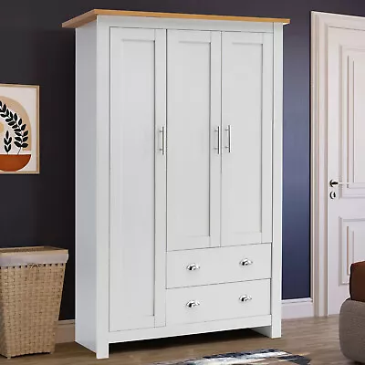 3 Door Wardrobe With 2 Drawers Clothes Storage & Hanging Rail Bedroom Furniture • £229.95