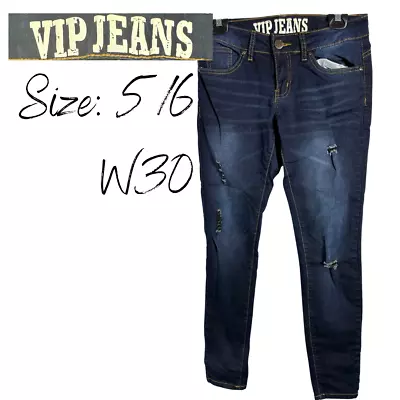 Women’s VIP Jeans Skinny Ripped Size 5/6 Dark Blue Wash Low Rise • $24.99