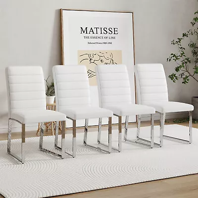 Set Of 4 Dining Chair High Back PU Leather Dining Chair With Metal Legs White • $319.99