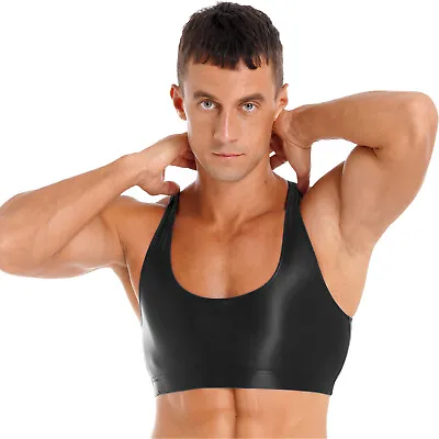 US Men Sports Bra Crop Tank Top Vest Shiny Glossy Y-Back Fitness Muscle T-Shirt  • $7.27