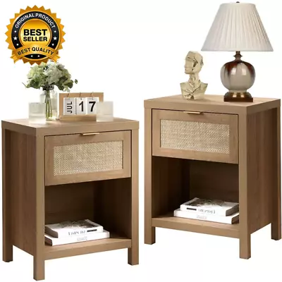 Rattan Nightstands Set Of 2 With Drawer And Storage Bedside Table End Table Side • $219.40