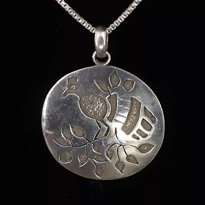 VTG Sterling Silver HANDMADE Bird & Leaf Vine Carved Pendant 30  Necklace - 15g • $2.99