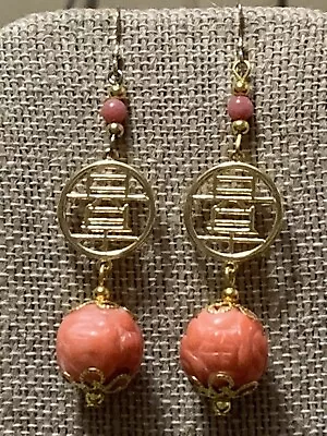 *new Listing*  Rare Vtg. Xl Carved Coral Lotus “shou”earrings-14k Ear Wires-new • $48.95